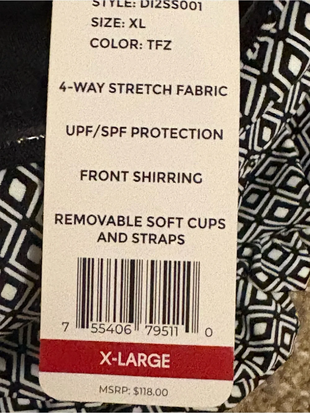 One Piece Swimsuit XL NWT DKNY Black White Geometric Print Shirred Tummy Control - Picture 5 of 6